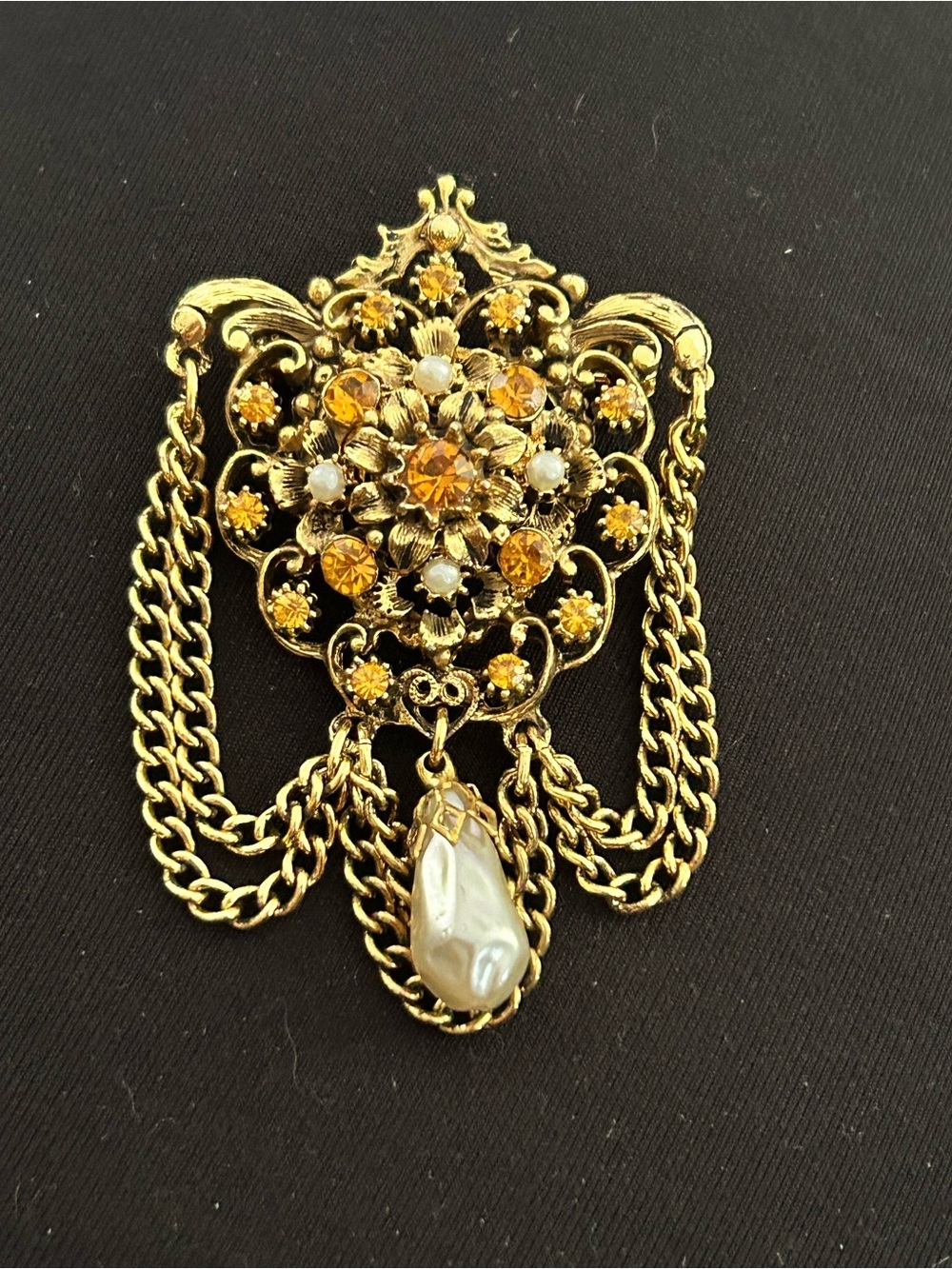 Victorian Gold-Tone Floral revival Brooch with Amber Rhinestones and Pearl